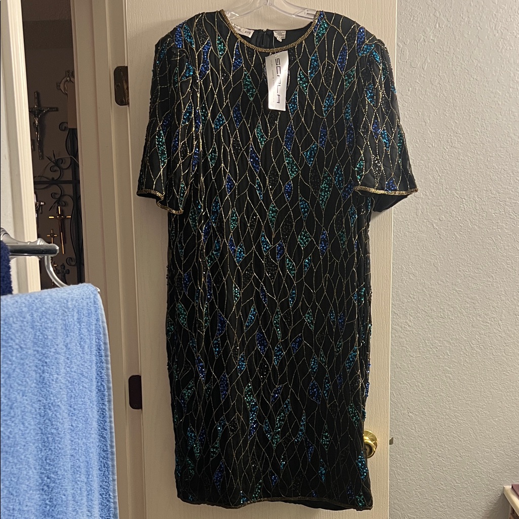 Scala Black Midi Dress With Blue & Teal Beading